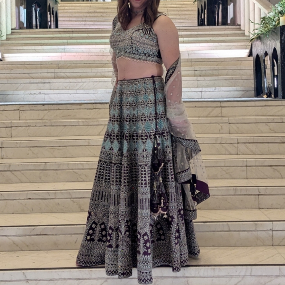 Eggplant Lehenga Set With Blue and Silver Accent